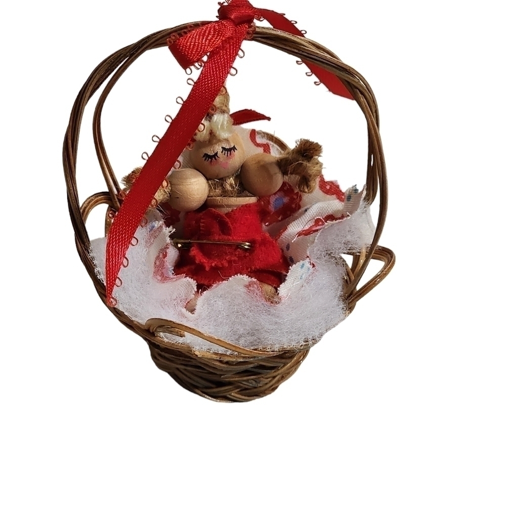 Vintage handmade wood bead spindal baby in a basket ornament  1st Christmas